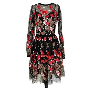 Bronx and Banco Bianca Embroidered Flower Black Mesh Long Sleeve Mini Dress